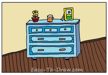 How to draw cartoon cabinet with drawers on wood floor » 