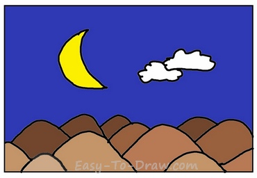 How to draw cartoon moon above the mountains for kids » 