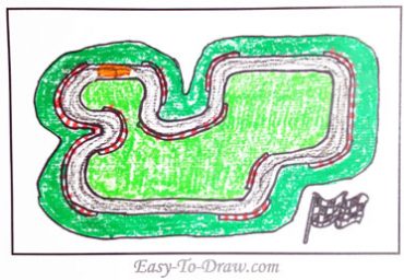 How to draw cartoon race track with guardrail and racing flag for kids »  