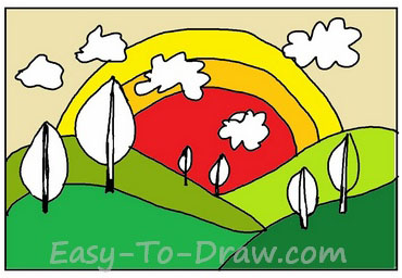 How to draw cartoon sunrise on the mountains for kids » 