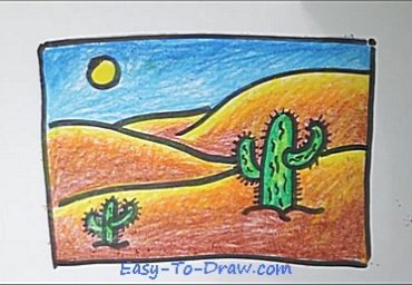 How to draw a cartoon desert with cactus for kids » Easy-To-Draw.com